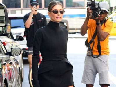 Hailey Bieber Makes A Compelling Case For The Matrix Trend In A Turtleneck Dress And