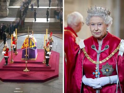 Crowds queue through the night to file past Queen's coffin