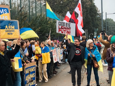 Рeople gathered for a demonstration near the NATO headquarters, demanding an increase in military aid