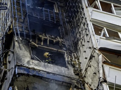 Drone hits 24-story building in Kyiv, sparking fire and injuring people