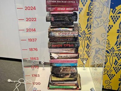 Burned Ukrainian books displayed at Frankfurt Book Fair