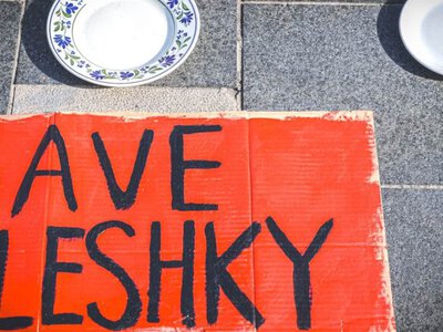 Activists stage demonstration in Dublin, laying empty plates on Ukrainian flag to draw attention to occupied Oleshky