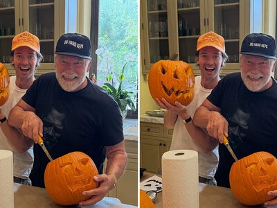 Arnold Schwarzenegger competed with his son in carving pumpkins for Halloween